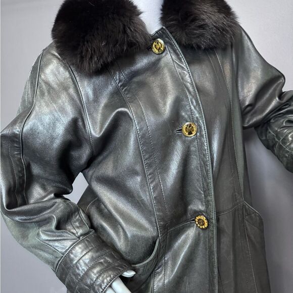 Black Leather Fur-Trim Trench Coat W/ Gold Buttons - Picture 7 of 15